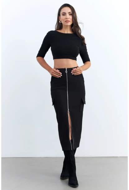 Kadın Siyah Fermuarlı Cepli Midi Etek ELT3999