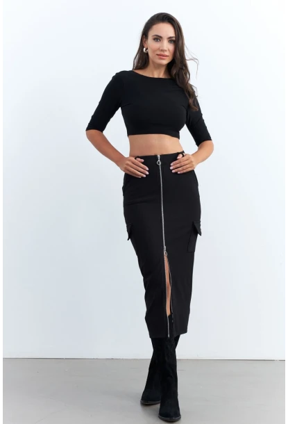 Kadın Siyah Fermuarlı Cepli Midi Etek ELT3999