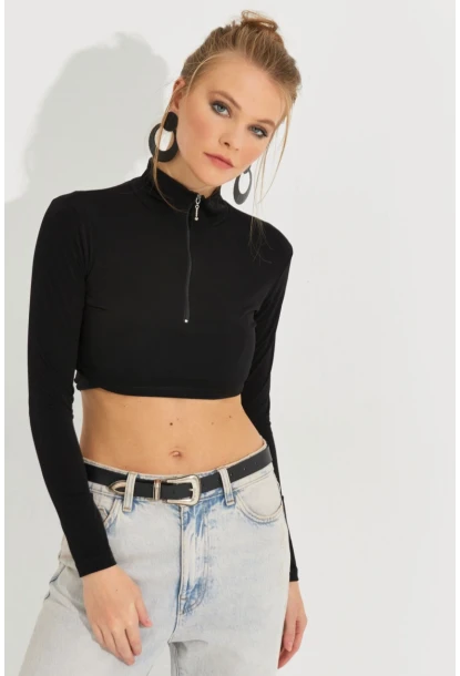 Kadın Siyah Fermuarlı Crop Bluz MEN2020