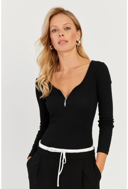Kadın Siyah Fermuarlı Kaşkorse Bluz EY2713