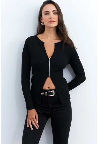 Kadın Siyah Fermuarlı Kaşkorse Bluz EY2954