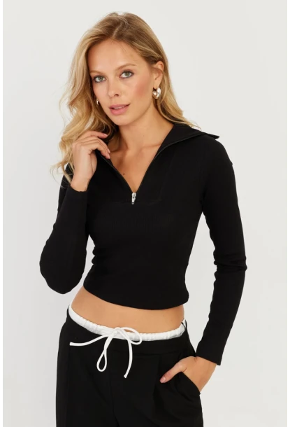 Kadın Siyah Fermuarlı Kısa Bluz CY336