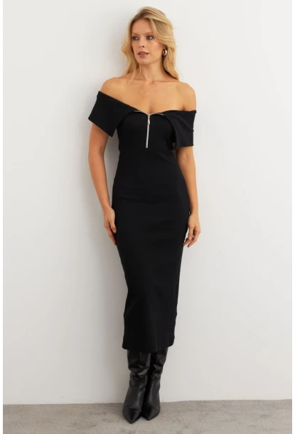 Kadın Siyah Fermuarlı Madonna Yaka Midi Elbise EY3011