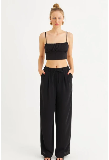 Kadın Siyah Fermuarlı Palazzo Pantolon MON143