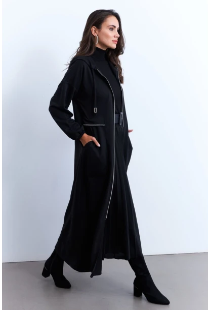Kadın Siyah Fermuarlı Taşlı Sweat Elbise MASF21