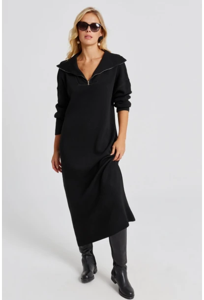Kadın Siyah Fermuarlı Triko Maxi Elbise SF2525