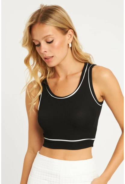 Kadın Siyah Fitilli Crop Bluz CG359