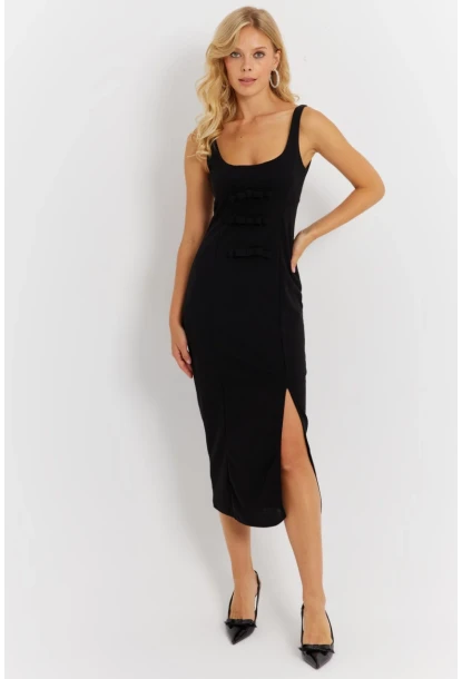 Kadın Siyah Fiyonk Detaylı Yırtmaçlı Midi Elbise KED4283