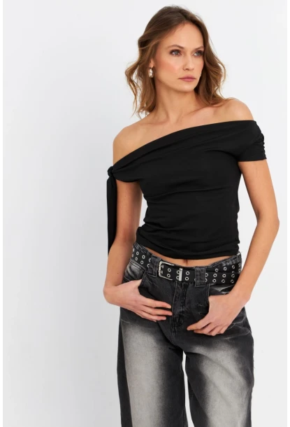 Kadın Siyah Fiyonklu Crop Bluz SDY1247