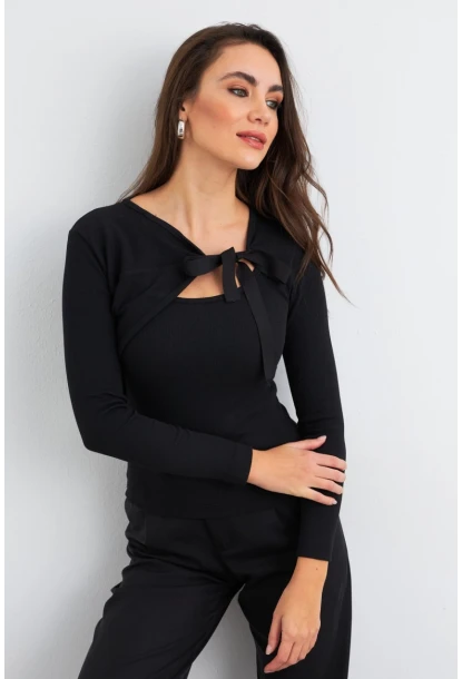 Kadın Siyah Fiyonklu Kaşkorse Bluz MEY3030