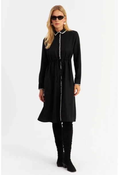 Kadın Siyah Garnili Gömlek Midi Elbise MASF10