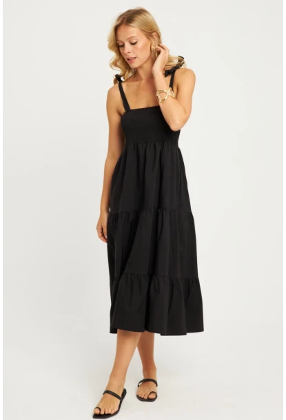 Kadın Siyah Gipeli Volanlı Midi Elbise SGT407