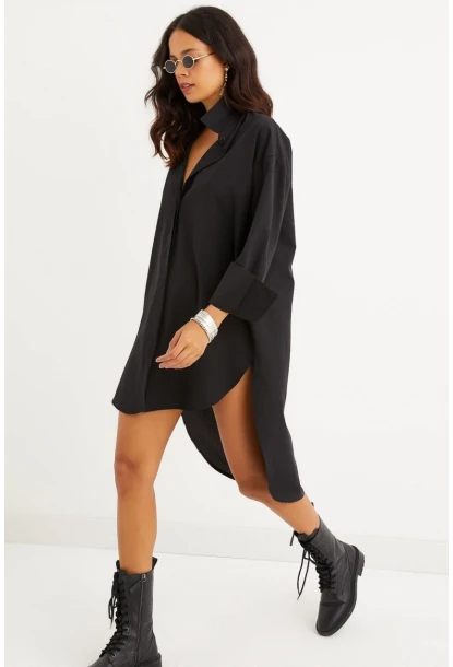 Kadın Siyah Gizli Düğmeli Tunik Gömlek Elbise SF1292