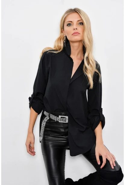 Kadın Siyah Gizli Düğmeli Uzun Gömlek SF2001