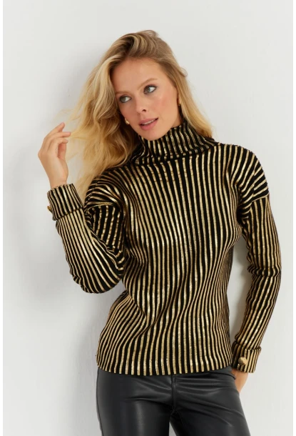 Kadın Siyah-Gold Düğme Detaylı Varaklı Triko Kazak SF2532