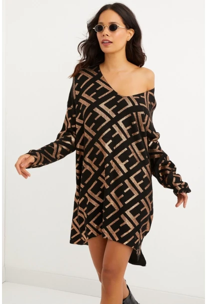 Kadın Siyah-Gold Varaklı Triko Tunik Elbise TD122