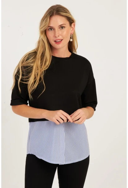 Kadın Siyah Gömlek Dataylı Bluz ST835