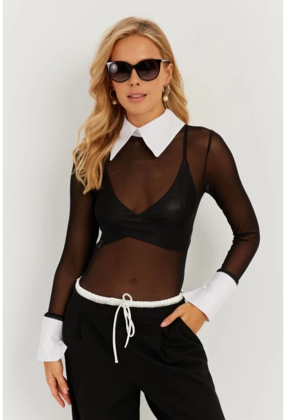 Kadın Siyah Gömlek Yaka Tül Bluz MEN2033