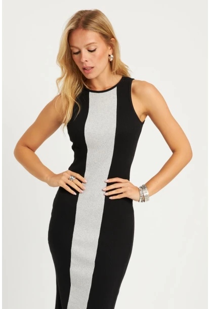 Kadın Siyah-Gri Kaşkorse Yırtmaçlı Midi Elbise XL2010