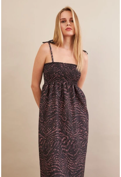 Kadın Siyah-Gülkurusu Straplez Çizgili Plaj Elbisesi OR502