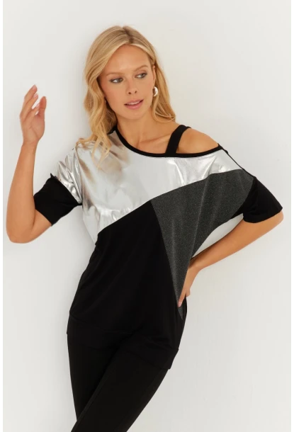Kadın Siyah-Gümüş Suni Deri Bloklu Bluz ST834
