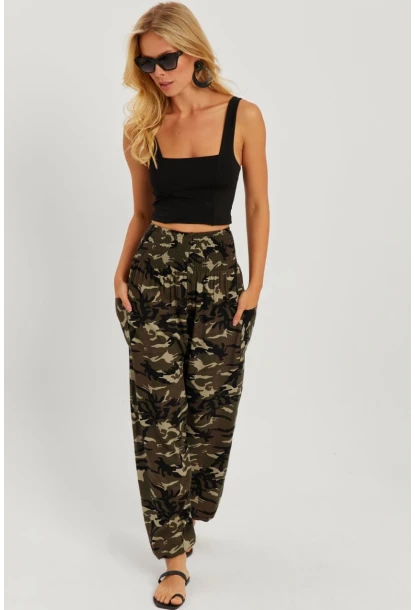 Kadın Siyah-Haki Beli Gipeli Şalvar Pantolon ÖM404