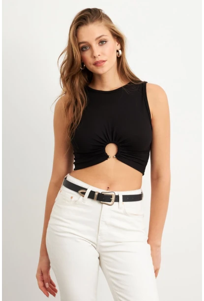Kadın Siyah Halkalı Crop Bluz EY3094