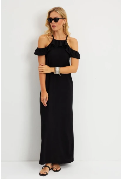 Kadın Siyah Halter Yaka Bürümcük Midi Elbise EY2789
