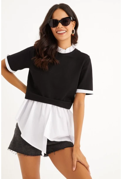 Kadın Siyah İkili Asimetrik İki İplik Bluz B1454