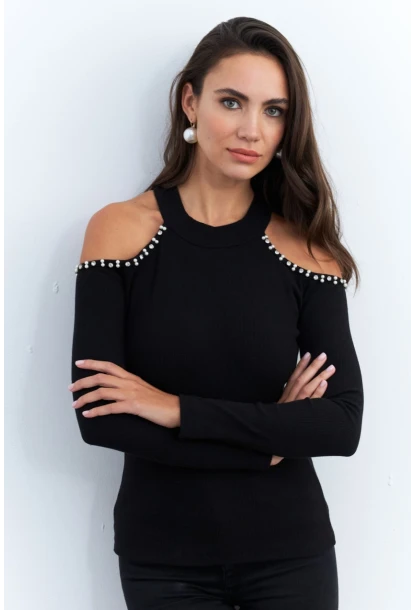 Kadın Siyah İnci Aksesuarlı Bluz RLO86