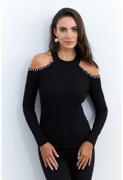 Kadın Siyah İnci Aksesuarlı Bluz RLO86