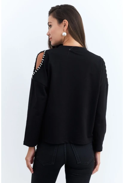 Kadın Siyah İnci Aksesuarlı Sweatshirt RLO85