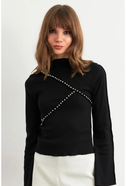 Kadın Siyah İnci Detaylı Kaşkorse Bluz ALB3701