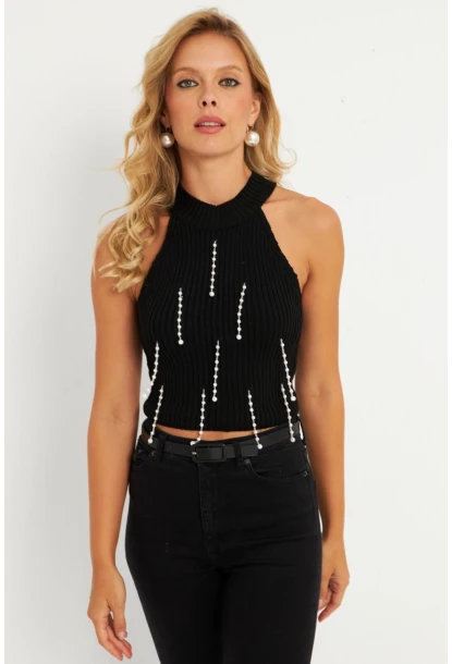 Kadın Siyah İnci Detaylı Triko Bluz KAZ005