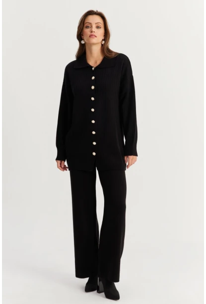 Kadın Siyah İnci Düğmeli Hırka Triko Alt Üst Takım NUV26