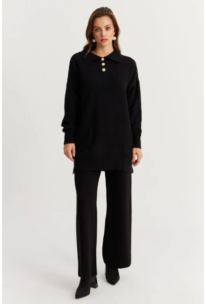 Kadın Siyah İnci Düğmeli Triko Alt Üst Takım NUV33