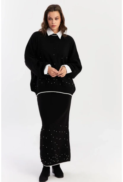 Kadın Siyah İncili Alt Üst Etek Takım YİL554