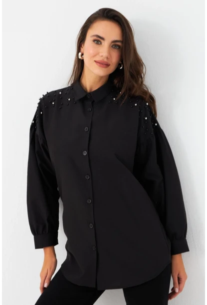 Kadın Siyah İncili Balon Kol Gömlek MASF16