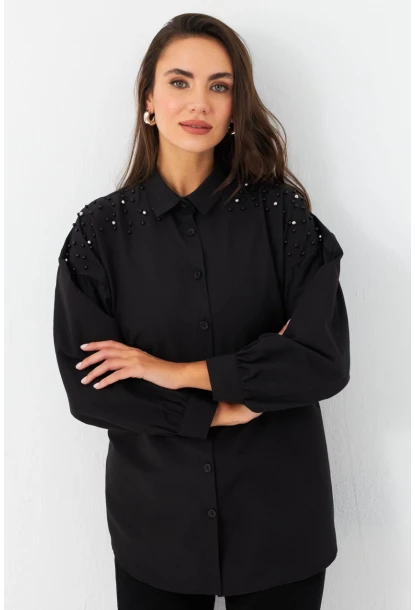 Kadın Siyah İncili Balon Kol Gömlek MASF16