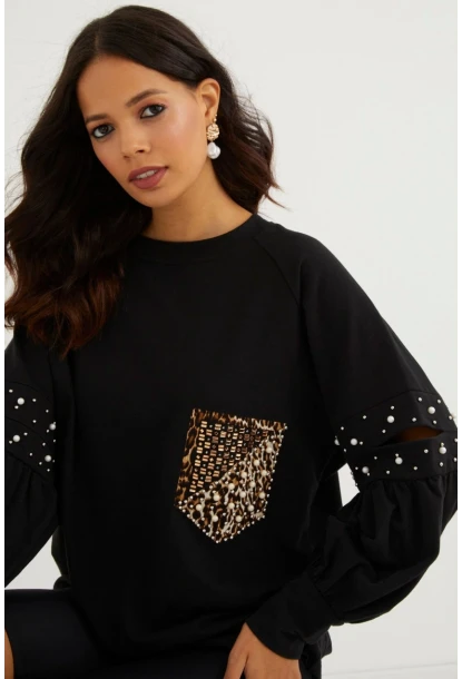 Kadın Siyah İncili Kol Detaylı Sweatshirt PKA400