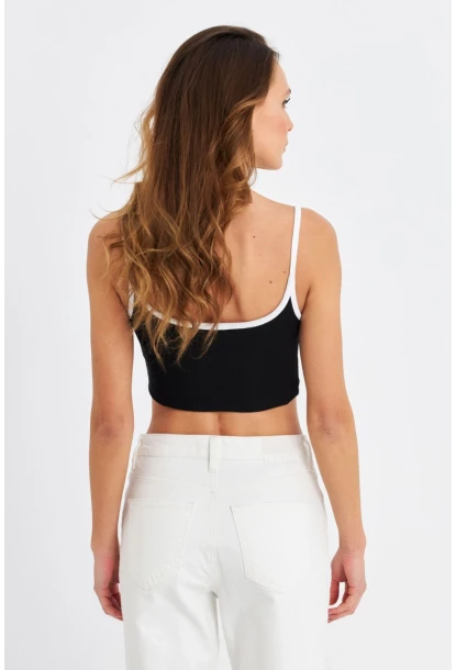 Kadın Siyah İp Askılı Crop Bluz ALB201