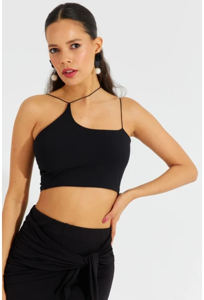 Kadın Siyah İp Askılı Crop Bluz B2594