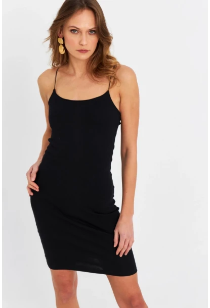 Kadın Siyah İp Askılı Kaşkorse Midi Elbise RSP248