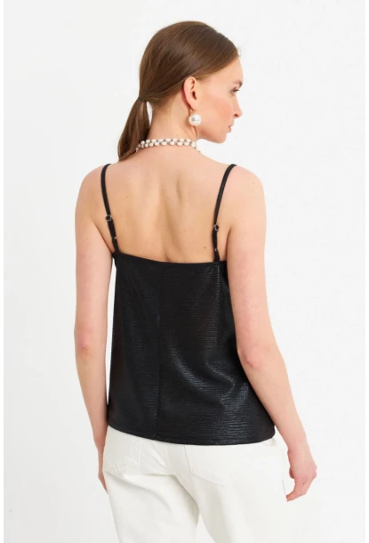 Kadın Siyah İp Askılı Parlak Bluz RSP1094