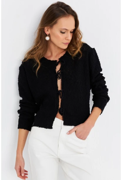 Kadın Siyah İpli Triko Hırka YV323