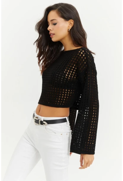 Kadın Siyah İspanyol Kol Ajurlu Triko Kısa Bluz SMT181