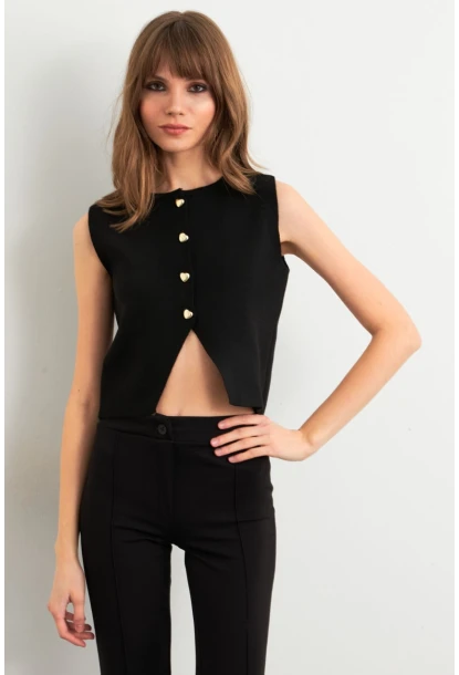 Kadın Siyah Kalp Düğmeli Triko Bluz SF2560