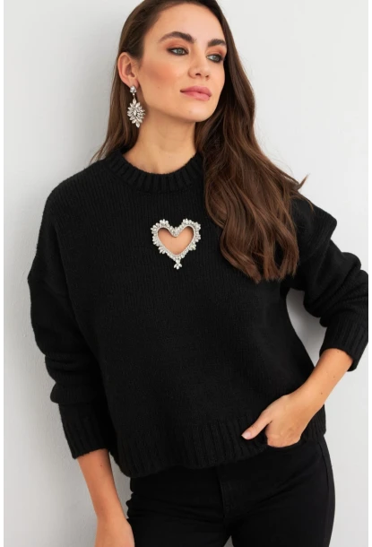 Kadın Siyah Kalp Pencereli Kazak TEM101
