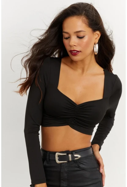 Kadın Siyah Kalp Yaka Crop Bluz CG260