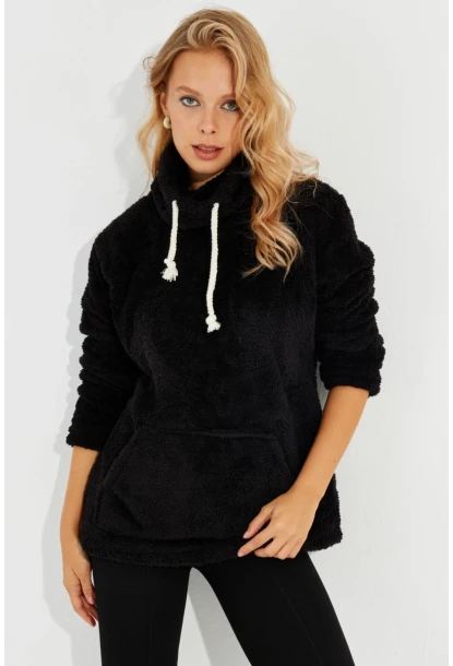 Kadın Siyah Kanguru Cep Peluş Sweatshirt Q978